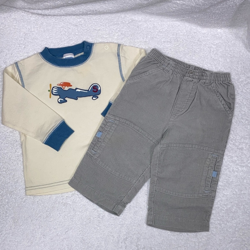 Gymboree airplane long sleeve and grey corduroys 12/18m